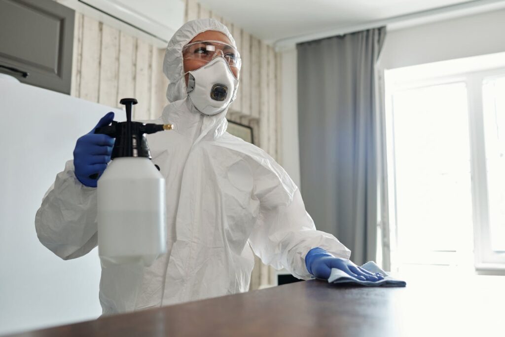 Individual in full protective equipment sanitizing a room indoors.