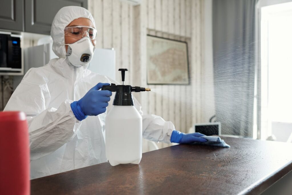 A healthcare worker in PPE disinfects indoor surfaces with a spray bottle for virus prevention.