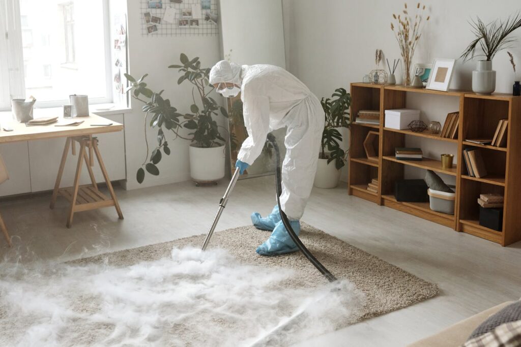 A woman in protective gear disinfects a carpet indoors to ensure safety during the COVID-19 pandemic.